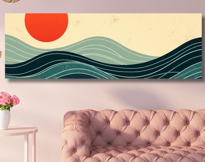 Panoramic abstract sea scape Canvas Art Famous Art,Large Wall Art, Minimalist Canvas Art, Sea Sun Wall art Waves Line Art Beach House Decor