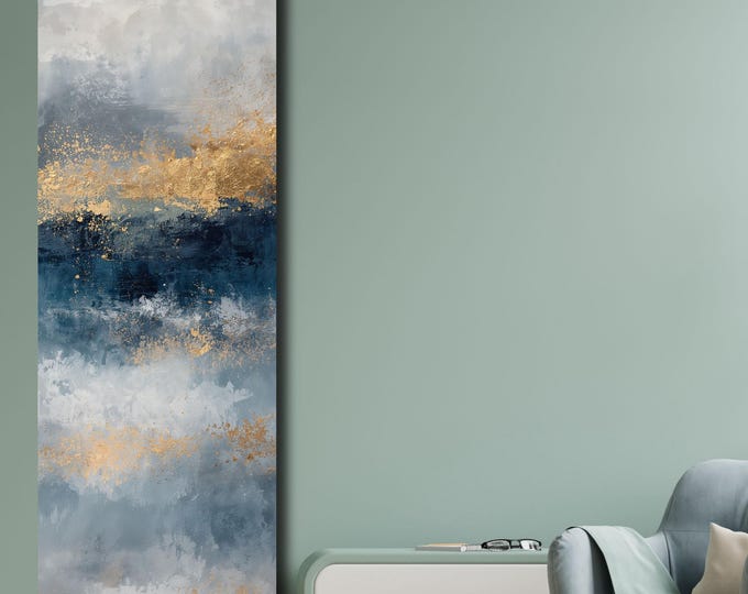 Blue Gold Abstract Tall Narrow Canvas, Botanical Nature Wall Art, Rustic Floral Vertical Print for Hallway or Bedroom art gift Minimal print