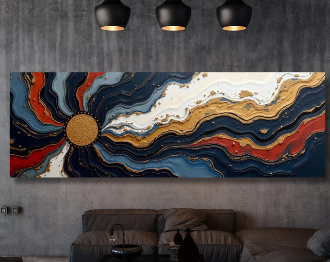 Panoramic Abstract Canvas Wall art, White Yellow blue Marble Canvas, Sun Luxury Art, Abstract Decor, Abstract wall art Canvas Contemporary