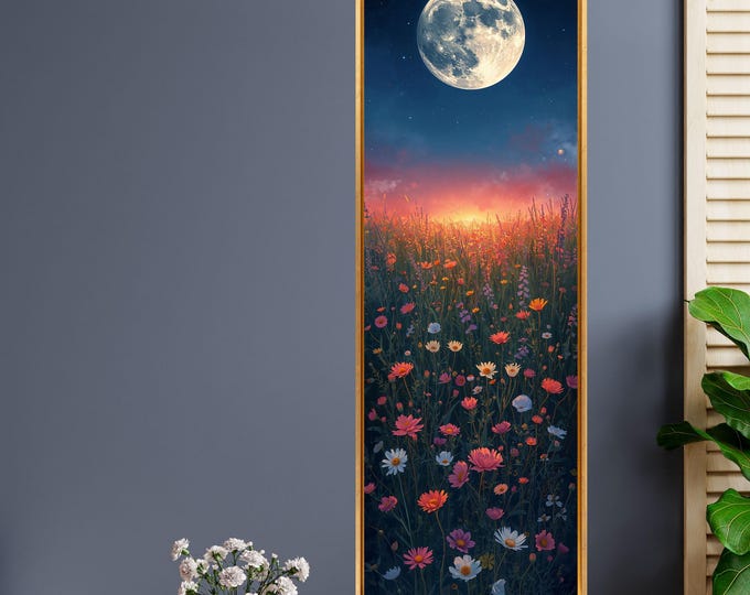 Long Narrow Canvas Wall Art Vertical Nature Print Tall Modern Moonlit Wildflower Field Wall Decor for Hallway,Entryway Small Space Print