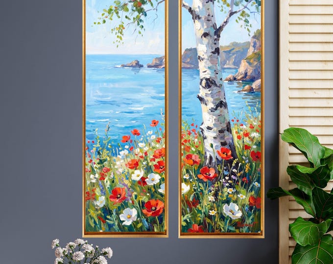 Set of 2 Tall Narrow Birch Tree Canvas – Long Vertical Forest Wall Art Decor