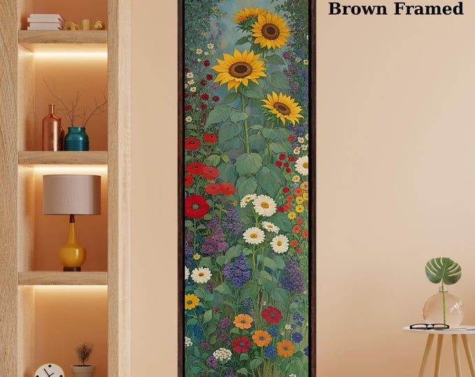 Klimt Style Sunflower Wildflower Garden Tall Narrow Canvas, Botanical Nature Wall Art, Rustic Floral Vertical Print for Hallway or Bedroom