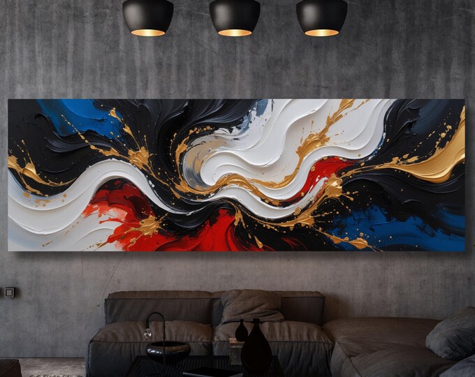 Panoramic Abstract Canvas Wall art, White Yellow blue Marble Canvas, Luxury Art, Abstract Decor, Abstract wall art Canvas, Contemporary Art