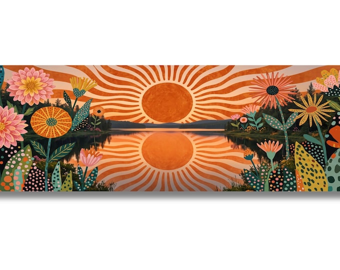 Retro Boho Sun Canvas Wall Art Mid Century Sunset Canvas Print Panoramic Floral Landscape Artwork Living Room Wall Decor Bedroom Poster