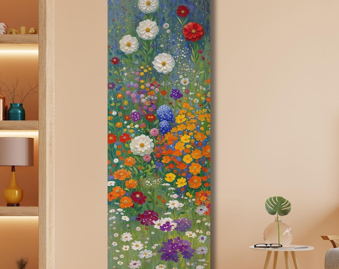 Klimt Style Wildflower Garden Tall Narrow Canvas, Botanical Nature Wall Art, Rustic Floral Vertical Print for Hallway or Bedroom art gift