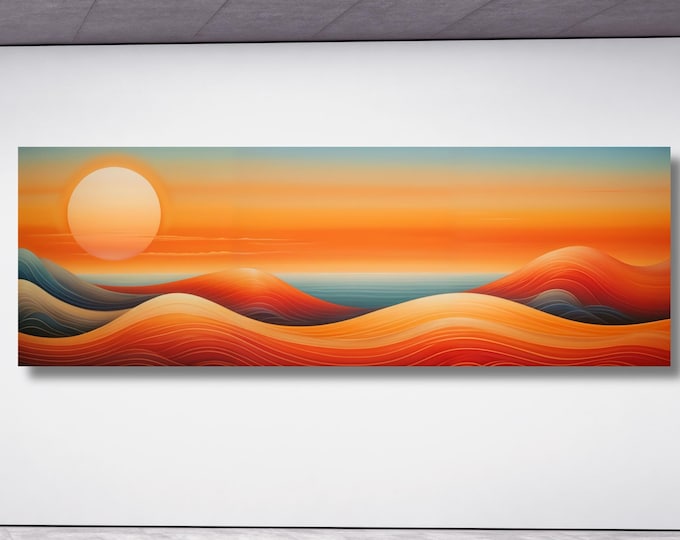 Panoramic abstract sea scape Canvas Art Famous Art,Large Wall Art, Minimalist Canvas Art, Sea Sun Wall art Waves Line Art Beach House Decor