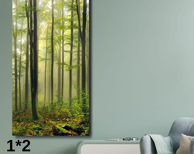 Long Canvas Foggy Forest Wall Art, Misty Pine Tree Panoramic Print, Vertical Woodland Nature Decor, Minimalist Green Forest Landscape Art