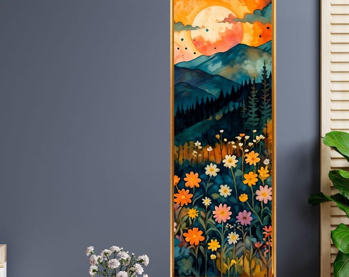 Long Narrow Klimt Style Floral Landscape Canvas, Sparkling Full Moon & Wildflower Wall Art, Framed Ready to Hang Vertical Decor, Dreamy Art
