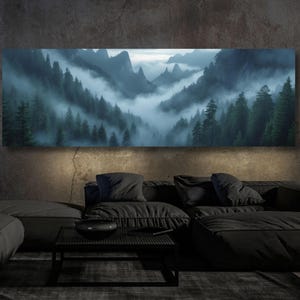 Panorama Wald Berge Leinwand Wand Druck nebelig nebligen Berge Fotografie grün Wald Landschaft Druck große Natur Wand Ausstellungskunst