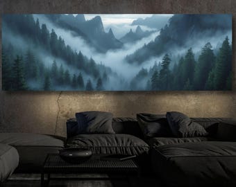 Panoramic Forest mountains Canvas Wall print misty foggy mountains photography green forest landscape print large nature wall Exhibition art