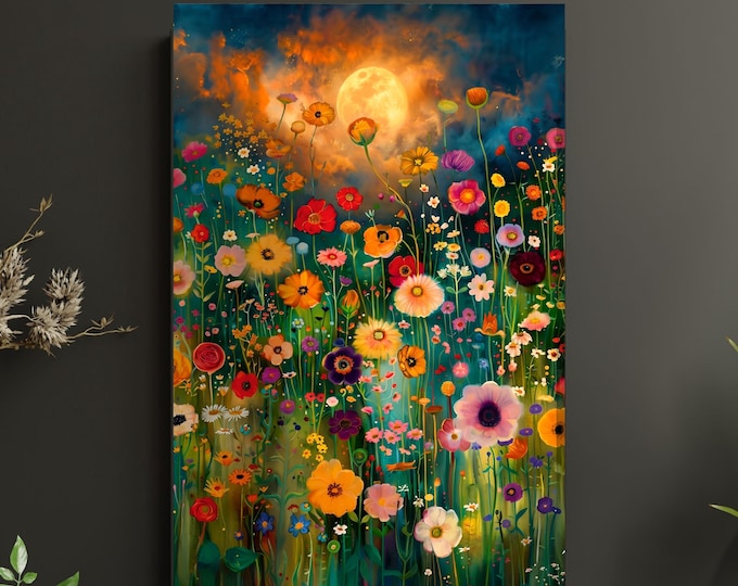 Long Klimt Flower Meadow Canvas Art, Enchanting Night Garden Wall Decor, Tall Vertical Floral Mural, Full Moon Above Wildflowers Print