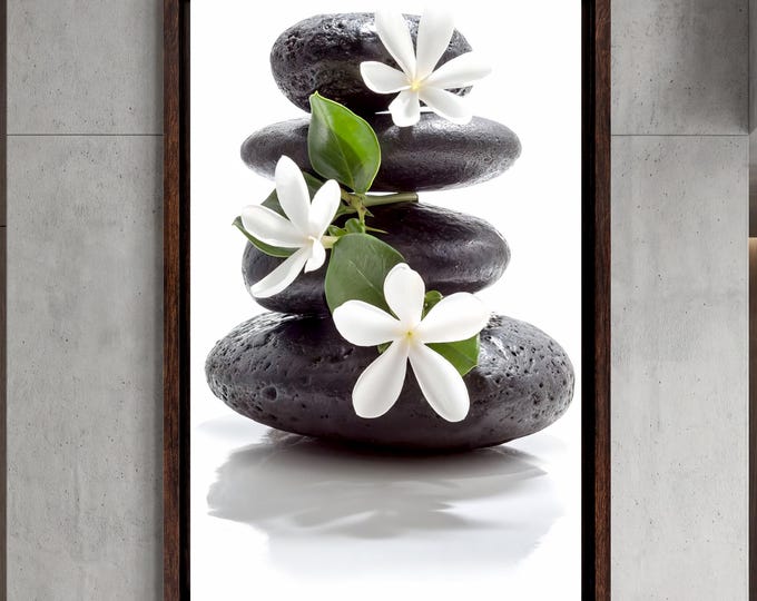 Zen Stones Canvas Wall Art: Jasmine Floral Meditation Decor