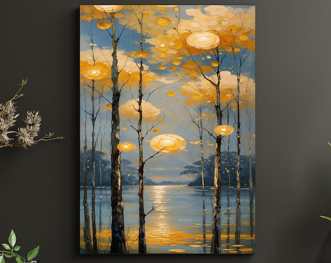 Klimt Styling Long Narrow Canvas Wall Art Vertical Nature Print Tall Modern sun Tree or Mountain Wall Decor for Hallway,Entryway Space Print