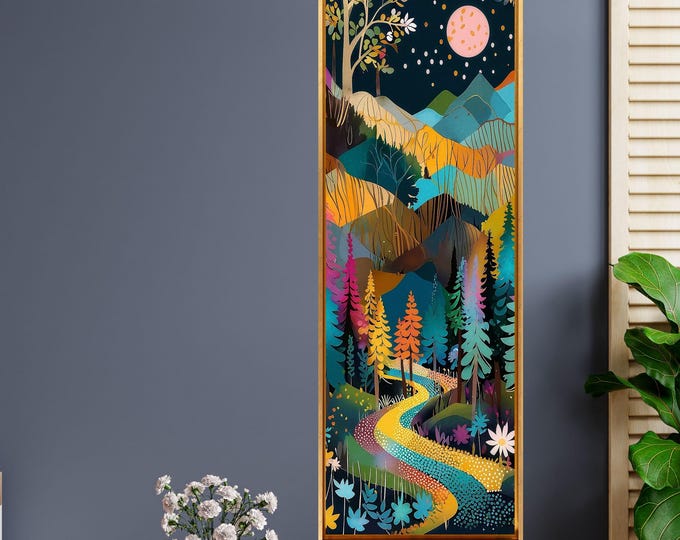 Moon Long Narrow Canvas Wall Art Vertical Nature Print Tall Modern sun Tree or Mountain Wall Decor for Hallway,Entryway Small Space Styling