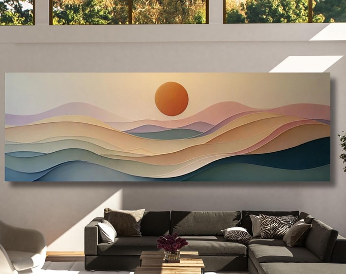 Abstract Sunset Panoramic Sun Canvas Art boho Decor for Above BedFamous Art,Large Wall Art, Minimalist Canvas Art, abstract Waves Line Art