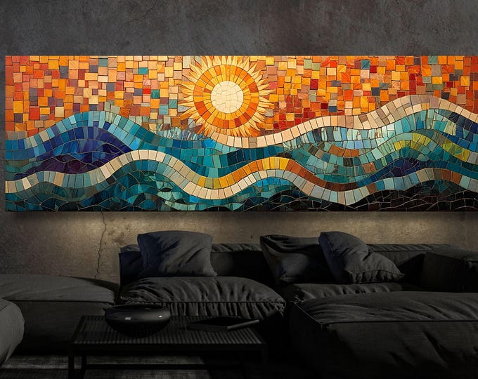 Panoramic Mosaic view Sea Sun Canvas Art Famous Art,Large Wall Art, Minimalist Canvas Art, abstract sea scape Wall art Waves Line Art Beach