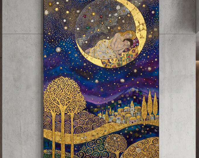Klimt Style Canvas Print, Vertical Sunlit Trees, Modern Nature Wall Art