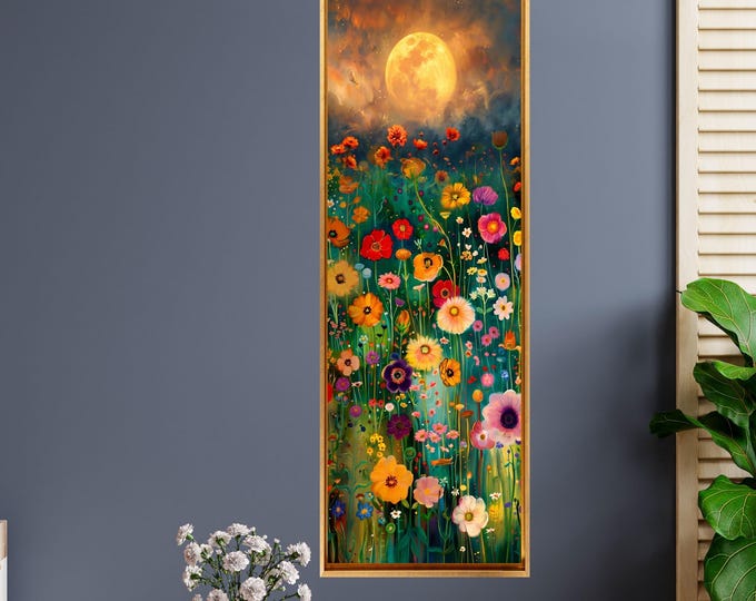 Klimt Flower Meadow Canvas Art, Colorful Mosaic Nature Decor, Impressionist Apple Tree Painting, Gold and Green Floral Wall Decor