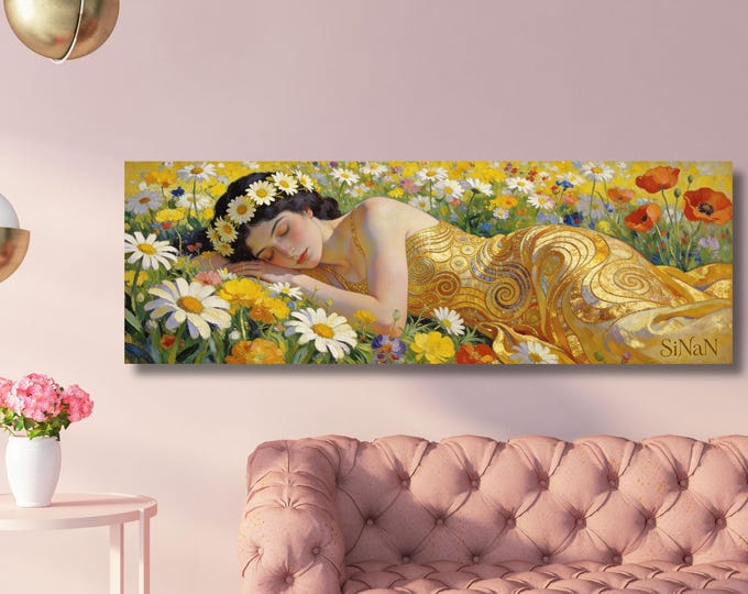 Klimt style Sleeping Woman in a wildflowers Narrow Canvas Print, Tall Vertical Wall Art