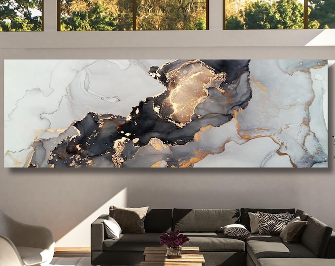 Panoramic Black and Gold Marble Wall Decor Abstract Canvas Wall Art,Marble Gold Art,Minimalist Art Marble Art,Vintage Art,Marble Gift art