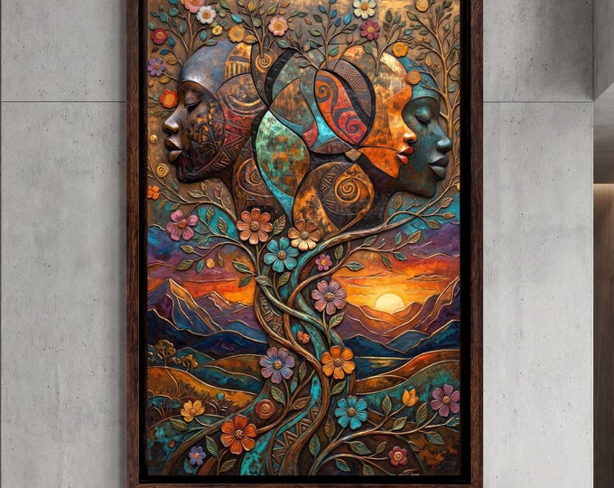 Afrocentric Tree of Life Canvas Art, Copper African Women Painting, Brown Framed Wall Decor