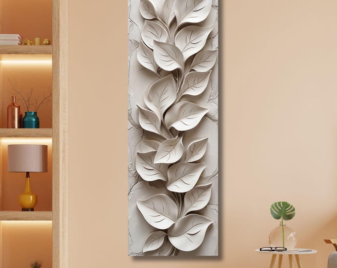 3D Look White Leaves Long Vertical Canvas Art, Modern Minimalist Botanical Wall Decor, Textured Appearance Floral Mural, Narrow Wall Art