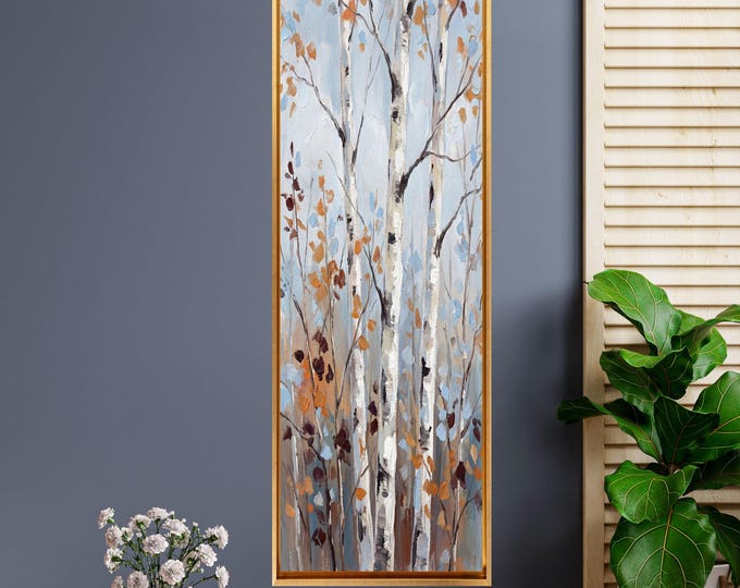 Long Vertical Birch Tree Canvas Art, Abstract Forest Wall Decor, Tall Framed and Poster Nature Painting