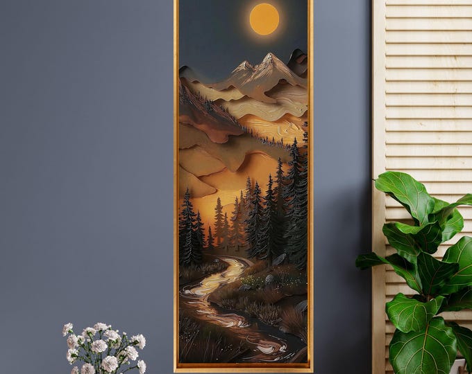 Long Narrow Layered Mountain Landscape Canvas, Sparkling Night Framed Ready to Hang Vertical Nature Print, Moonlit Forest Poster Decor art