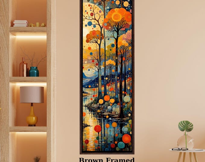 Klimt Style Wildflower Field Long Canvas Wall Art, Vertical Waterfall Landscape Painting, Impressionist Forest and Mountain, Tall Narrow