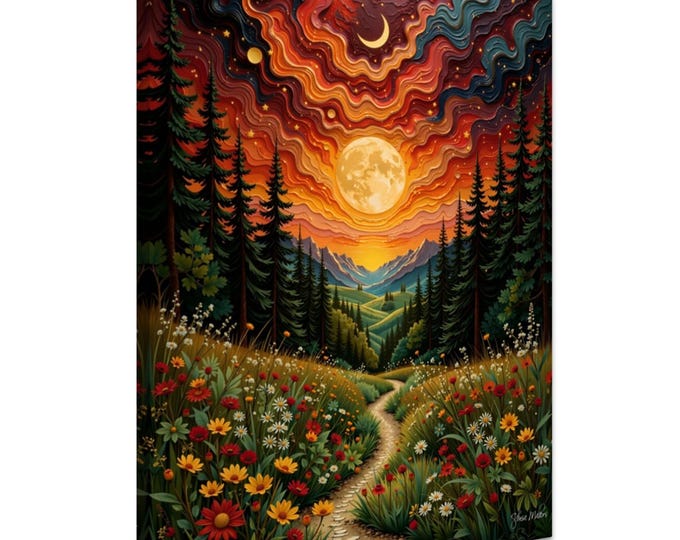 Flower Garden Moon Canvas Wall Art Klimt Inspired Floral Landscape Romantic Gold Style Print Boho Nature Decor for Home decor Klimt Wall Art