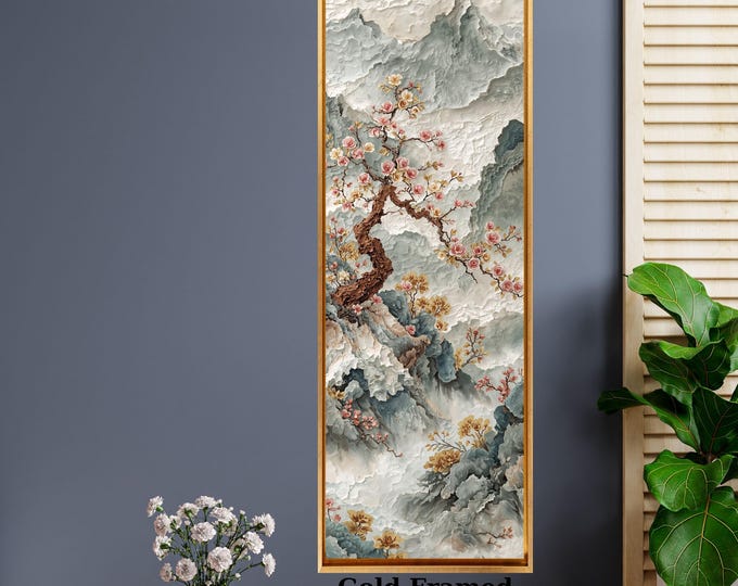 Long Narrow Golden Floral Abstract Canvas Art, Japanese Cherry Blossom & Foggy Mountain Tall Narrow Wall Art
