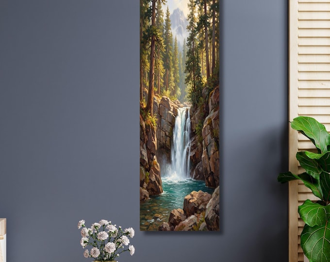 Klimt Style Long Canvas Wall Art, Vertical Waterfall Landscape Painting, Impressionist Forest and Mountain Decor, Tall Narrow Canvas Print