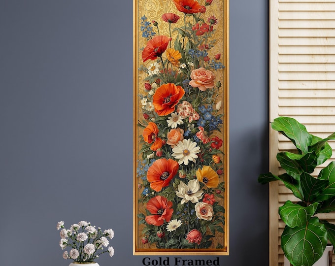 Long Narrow Golden Floral Abstract Canvas Art, Elegant Poppy & Rose Vertical Wall Decor, Framed  Luxury Flower Poster, Tall Narrow Wall Art