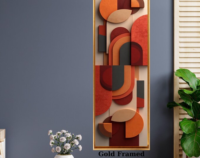 Terracotta Geometric Abstract Canvas, Textured Relief Style Wall Art, Gold Framed Modern Mid Century Poster, Warm Earth Tones Decor
