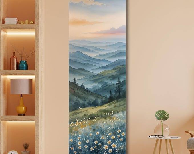 Long Narrow Wall Art,Smoky Mountains Painting, Spring Flowers Canvas, Landscape Wall Art Print, Nature Home Decor, Mountain Wall Hangings