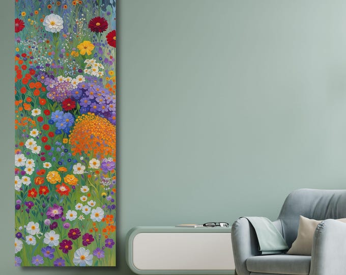 Klimt Style Wildflower Garden Tall Narrow Canvas, Botanical Nature Wall Art, Rustic Floral Vertical Print for Hallway or Bedroom art gift