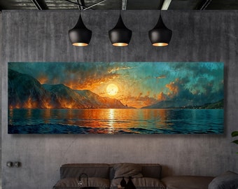 Panoramic Sunset over the Emerald Green Ocean Canvas Wall Art,Boho Wall Art Minimal Horizontal Wall Art Vintage Sunset Painting Sunset Print