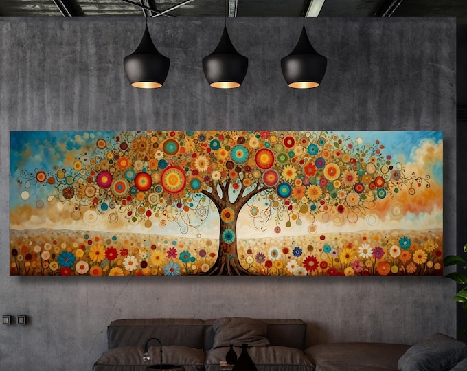 Panoramic Tree of life Gustav Klimt style Canvas Wall Art Celtic Tree Canvas Print Modern Picture Living Room art Yggdrasil canvas Mandala