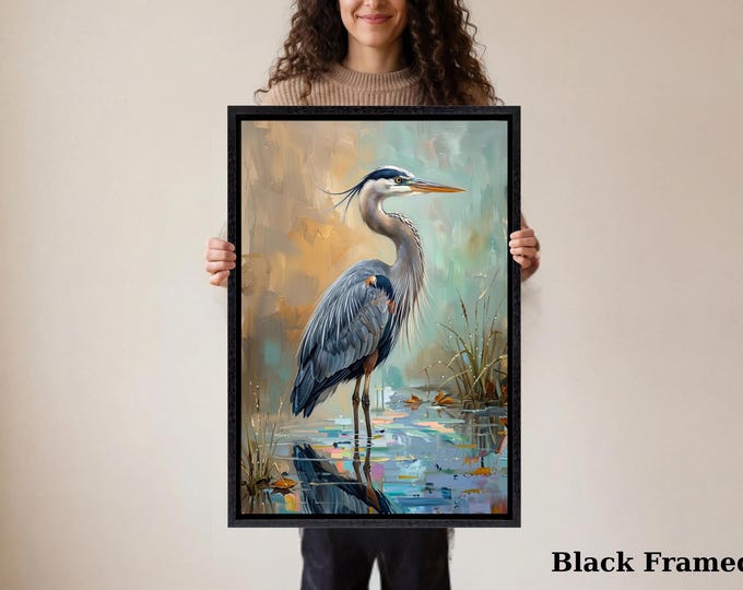 Blue Heron Canvas Prints: Expressionist Coastal Bird Painting (Ready to Hang and Poster)