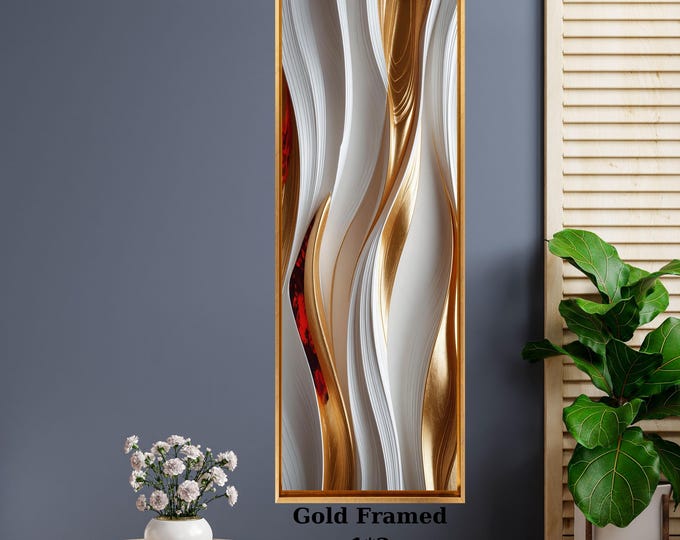 Long Vertical Abstract Wall Art, Gold and White Flow Canvas, Framed Modern Narrow Decor