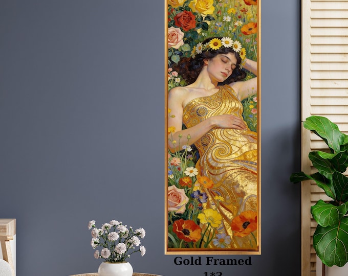 Klimt style Sleeping Woman in a wildflowers Narrow Canvas Print, Tall Vertical Wall Art