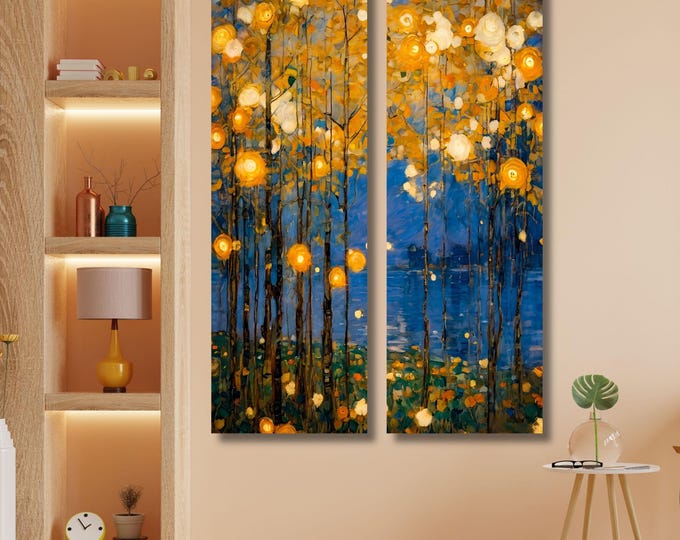 Set of 2 Tall Narrow Vintage Nature Canvas Wall Art  Long Vertical Forest Dining Room, Living Room, Office Print Long and Narrow Wall Art