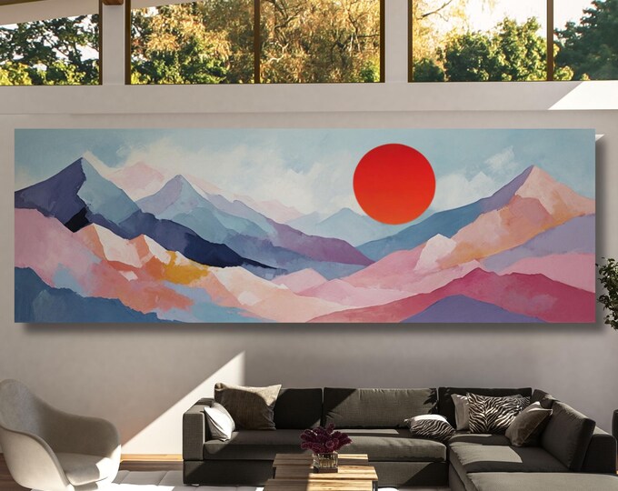Panoramic abstract sea scape Canvas Art Famous Art,Large Wall Art, Minimalist Canvas Art, Sea Sun Wall art Waves Line Art Beach House Decor