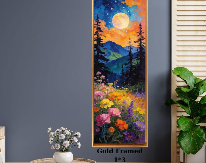 Panoramic Boho Mountain Landscape Canvas Wall Art, Framed Canvas Japanese Style Mid Century Exhibition Large Modern Living Room Decor