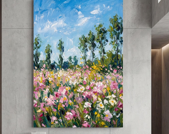 Klimt style Botanical Landscape, Horizontal Large Framed Canvas Art, Oversize Nature Print with Elegant Wood Frames, Modern Wall Hangings