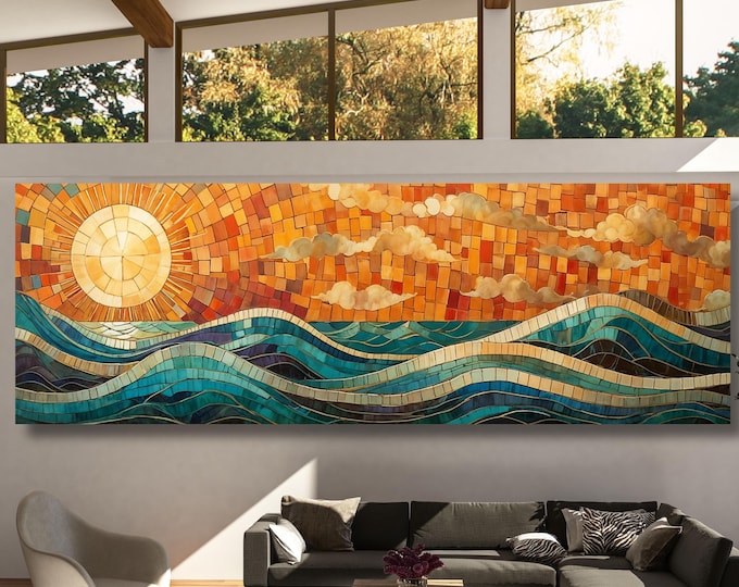 Panoramic Mosaic view Sea Sun Canvas Art Famous Art,Large Wall Art, Minimalist Canvas Art, abstract sea scape Wall art Waves Line Art Beach