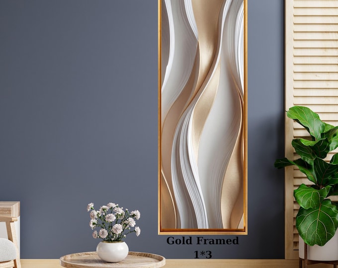 Long Vertical Beige Abstract Wall Art, Wave Canvas Print, Modern Minimalist Narrow Decor