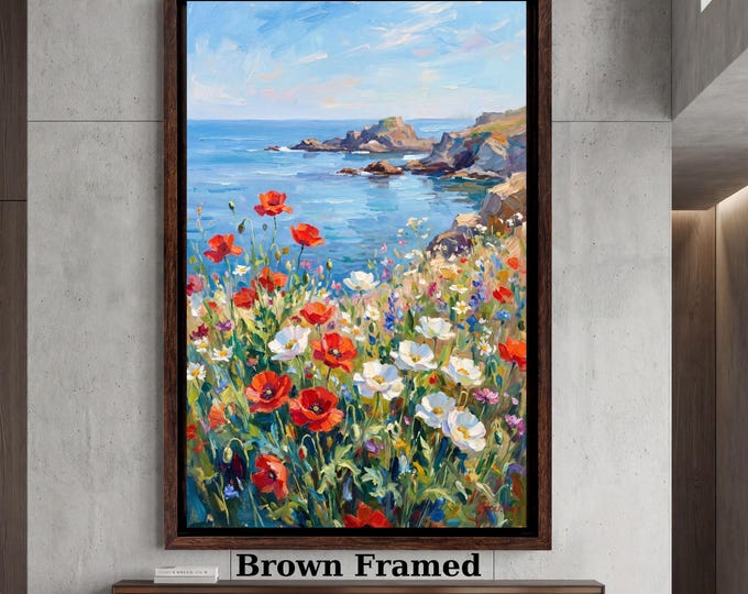 Coastal Poppy Field Impressionist Canvas Art, Ocean Meadow Wall Decor (Digital Print)