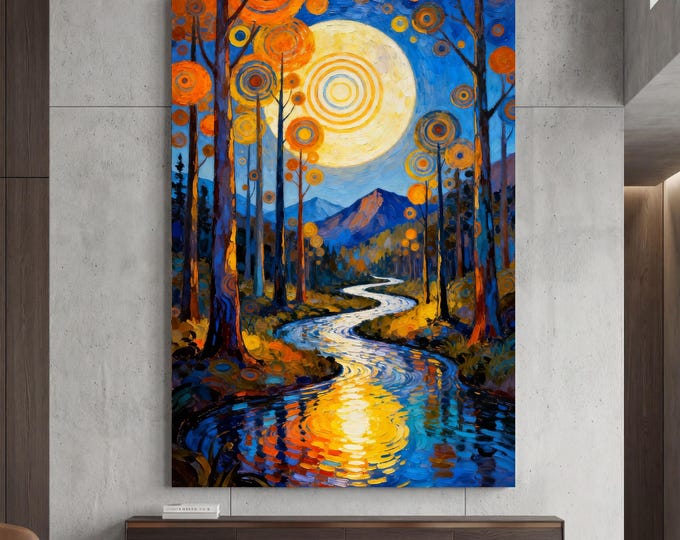 Forest Wildflowers Canvas Wall Art, Moonlit Pine Tree Forest Wall Art, Rustic Forest Painting, Full Moon Wall Art Painting Vintage Forest