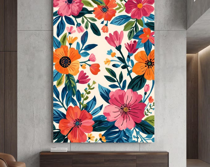 Modern Floral Pattern Canvas Print, Colorful Botanical Wall Art, Vibrant Wildflower Poster, Contemporary Garden Decor